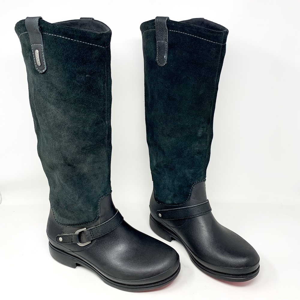 Crocs Genuine Suede/Rubber Equestrian Style Back Zip Entry Tall Boots Black 7